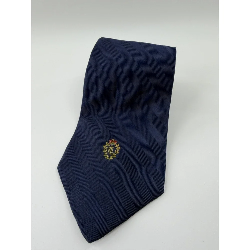 Vintage Tie Lauren Ralph Lauren Mens Blue Silk Necktie Preppy Crest HandMade USA